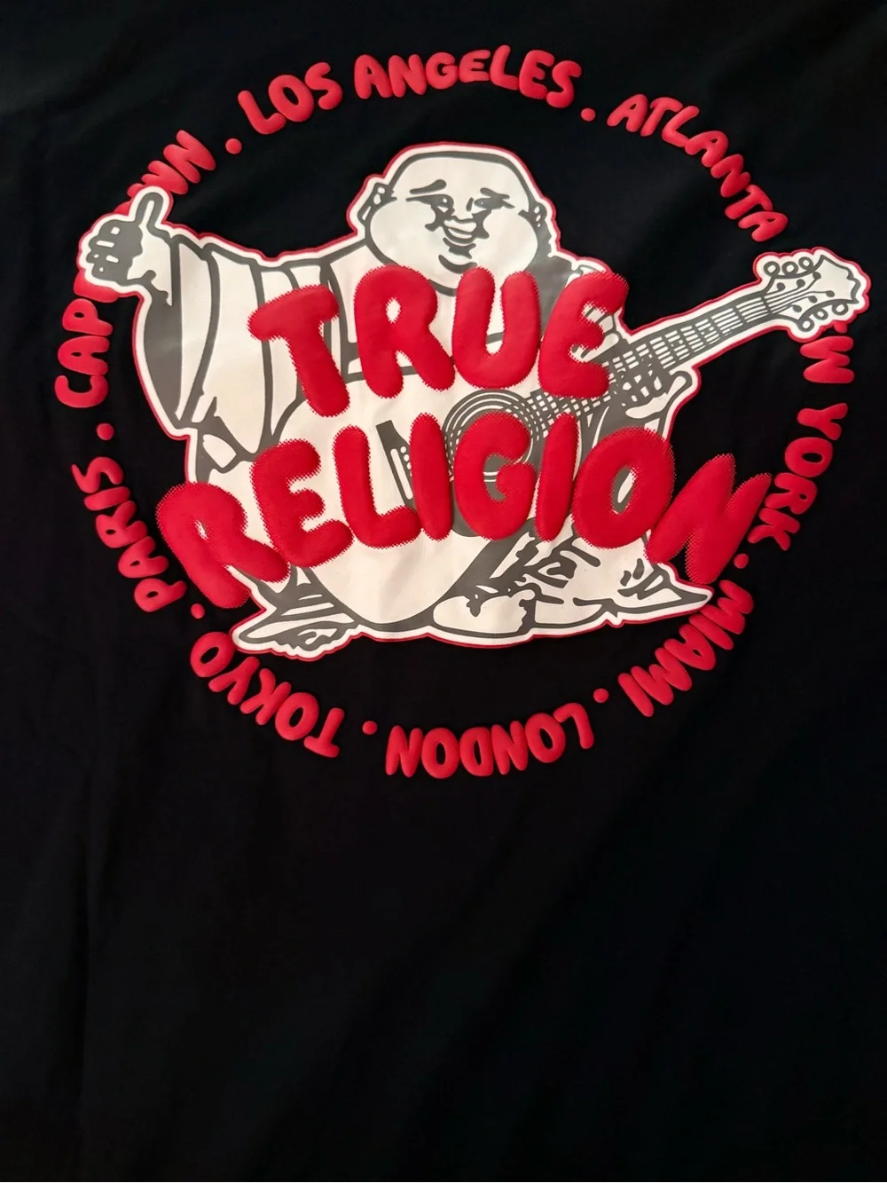NWT True Religion Black Tee with Red & White Logo Graphics